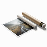 Scenic landscape wall art print showcasing a serene countryside view with rolling hills and vibrant greenery, rolled in a protective cardboard tube for easy display.