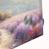 Close-up of a vibrant acrylic landscape artwork depicting a serene countryside scene, showcasing rich green fields and a blue sky, perfect for home decor.