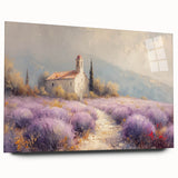 Acrylic glass artwork depicting a serene countryside landscape with rolling hills and vibrant greenery, showcased from a side view, emphasizing its clarity and depth.