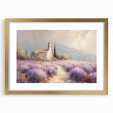 Countryside landscape framed art with a mat in gold, showcasing vibrant green fields and a serene blue sky, perfect for enhancing home decor aesthetics.