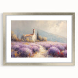 Framed countryside landscape artwork with a silver mat, showcasing vibrant greenery and rolling hills, perfect for enhancing home decor in living spaces.