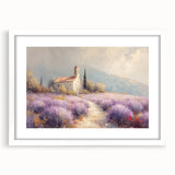 Framed landscape artwork showcasing a serene countryside scene with lush green fields and a clear blue sky, presented in a white mat for an elegant finish.