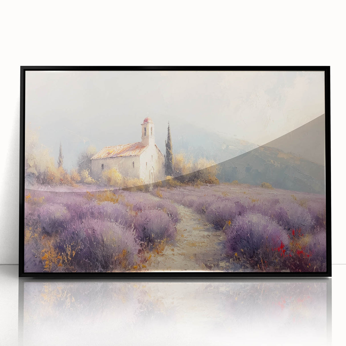 Framed acrylic artwork depicting a serene countryside landscape, featuring lush green fields and a clear blue sky, presented in a sleek black frame for modern decor.