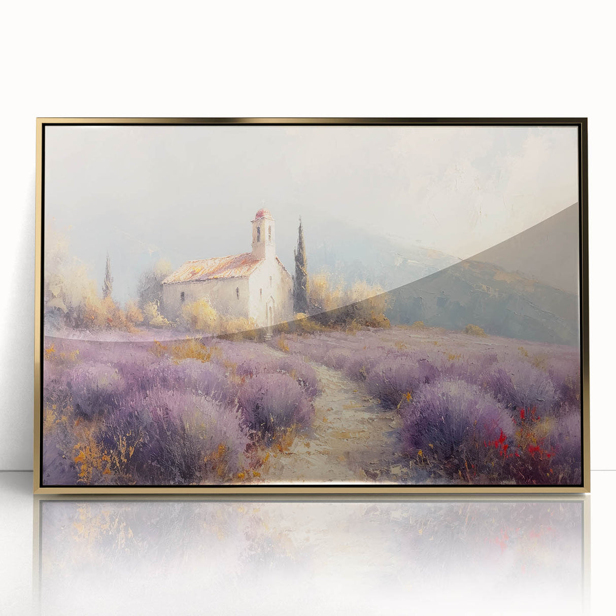 Framed acrylic artwork depicting a serene countryside landscape with vibrant green fields and golden sunlight, elegantly designed to enhance any home decor.