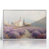 Framed acrylic landscape artwork showcasing a serene countryside scene with vibrant green fields and a clear blue sky, set in a sleek white frame for modern decor.