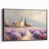 Framed canvas artwork showcasing a serene countryside landscape with vibrant green fields and a dramatic sunset, presented in a sleek black frame for modern decor.