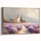 Framed canvas artwork depicting a serene countryside landscape with golden accents, showcasing rolling hills and a peaceful sky, ideal for home decor.