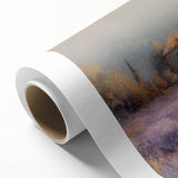 Rolled canvas print showcasing a serene countryside landscape with rolling hills and trees, elegantly packaged in a protective cardboard tube for safe transport.
