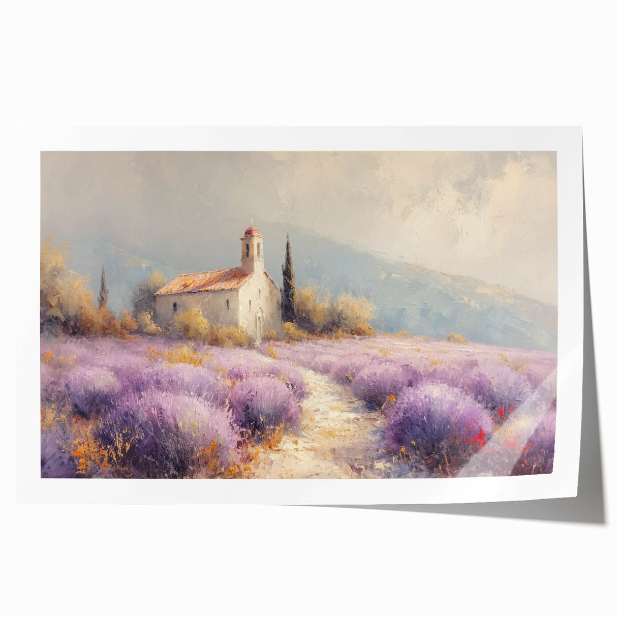 Rolled canvas print showcasing a serene countryside landscape with rolling hills, lush greenery, and a vibrant blue sky, carefully packaged in a protective cardboard tube.