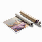 Vibrant rolled print depicting a serene countryside landscape with rolling hills, lush greenery, and a clear blue sky, ideal for home decor and nature enthusiasts.