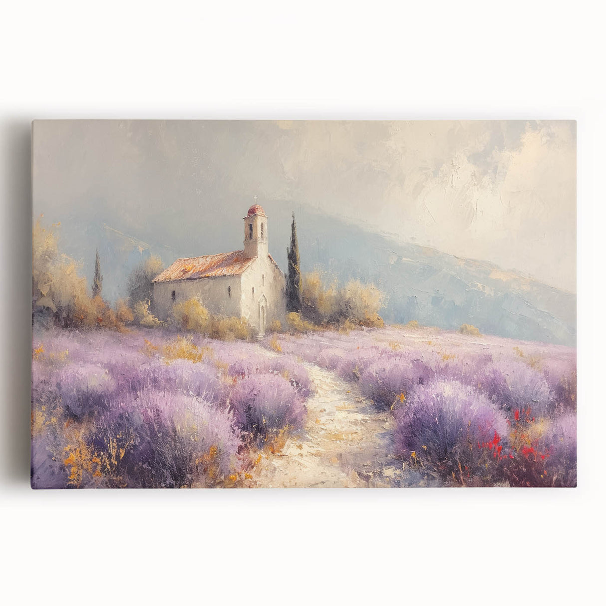 Stretched canvas artwork showcasing a vibrant countryside landscape with rolling hills, lush greenery, and a serene sky, perfect for home decor enthusiasts.