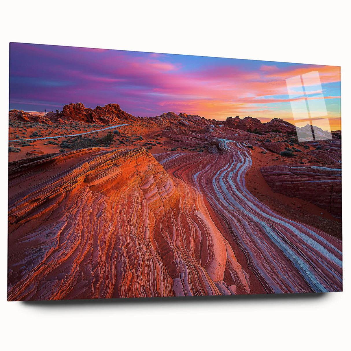 Desert landscape acrylic glass artwork showcasing vibrant colors and intricate details, designed for home decor with a sleek side view and no visible pins.