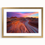 Elegant desert landscape framed in gold with a mat, showcasing warm hues of orange and yellow. Ideal for home decor, adding a touch of nature-inspired elegance.