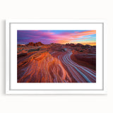 Desert landscape framed art print showcasing vibrant hues of orange and yellow, featuring a white mat for contrast and a sleek, modern frame in a front view display.
