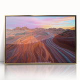Framed acrylic artwork depicting a stunning desert landscape with golden hues, showcasing unique textures and vibrant colors, perfect for modern home decor.