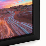 Close-up view of a framed desert landscape canvas art piece showcasing vibrant hues of orange and gold, perfect for enhancing modern home decor with a touch of nature.