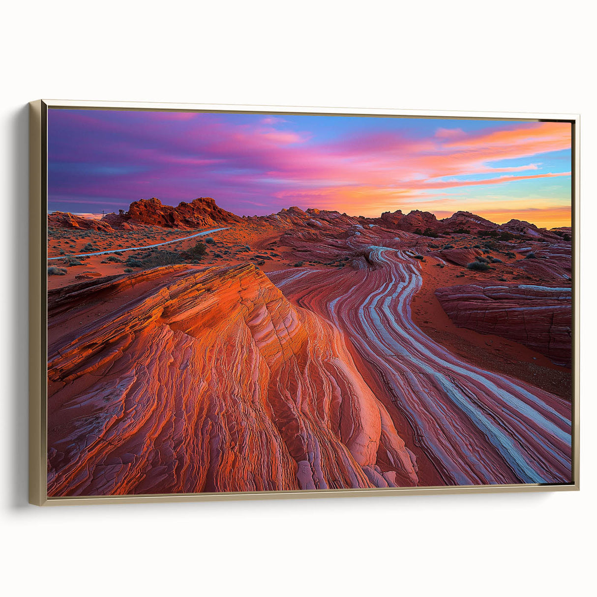Framed canvas artwork depicting a serene desert landscape with golden hues and intricate details, showcasing a side view of the frame and design elements.