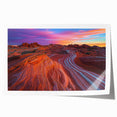 Desert landscape rolled canvas print showcasing vibrant hues of orange and gold, emphasizing the serene beauty of arid terrain, ideal for home decor.