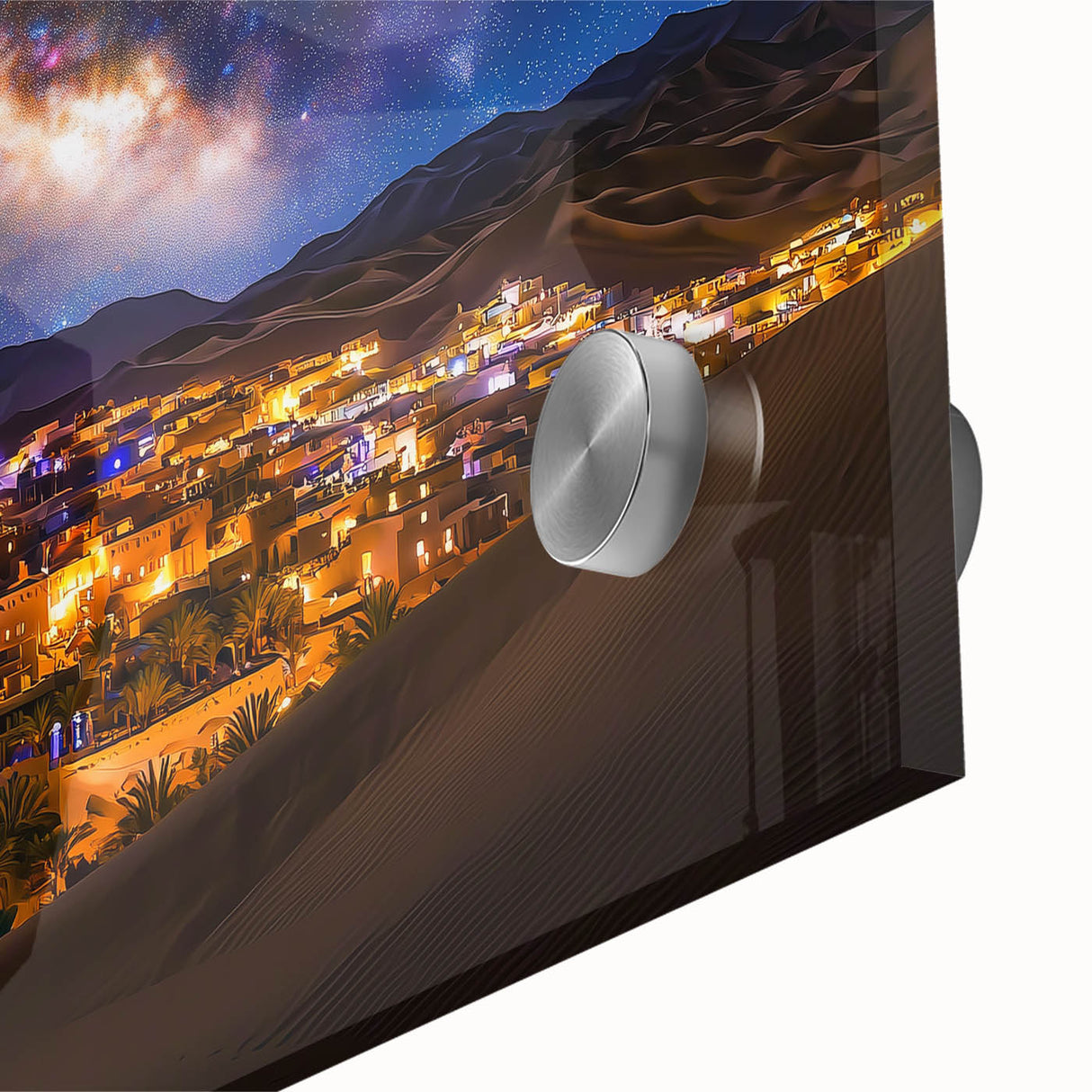 Vibrant close-up of an acrylic glass artwork showcasing intricate dune landscapes in warm hues, perfect for modern home decor and nature enthusiasts.