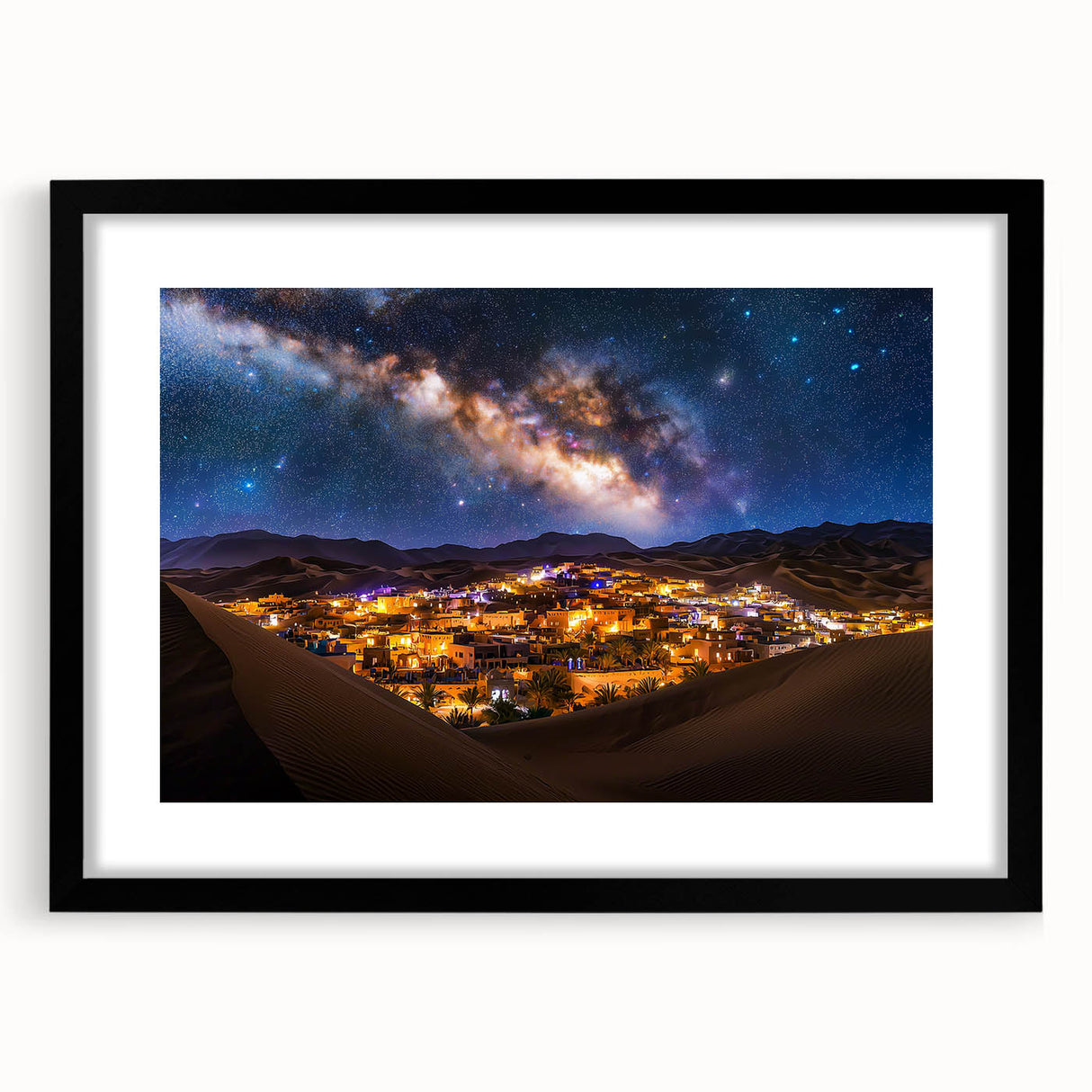 Black-framed landscape artwork featuring serene sand dunes under a blue sky, elegantly matted for a polished presentation, perfect for modern home decor.
