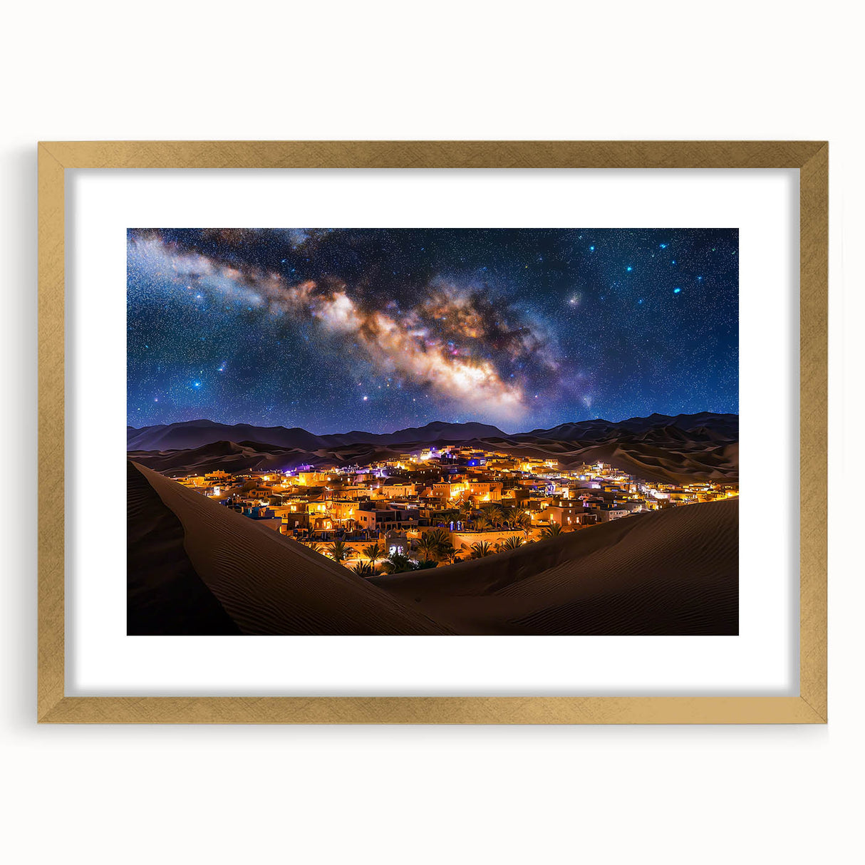 Framed landscape artwork showcasing serene sand dunes in soft beige and gold tones, elegantly matted for a sophisticated touch, perfect for modern home decor.