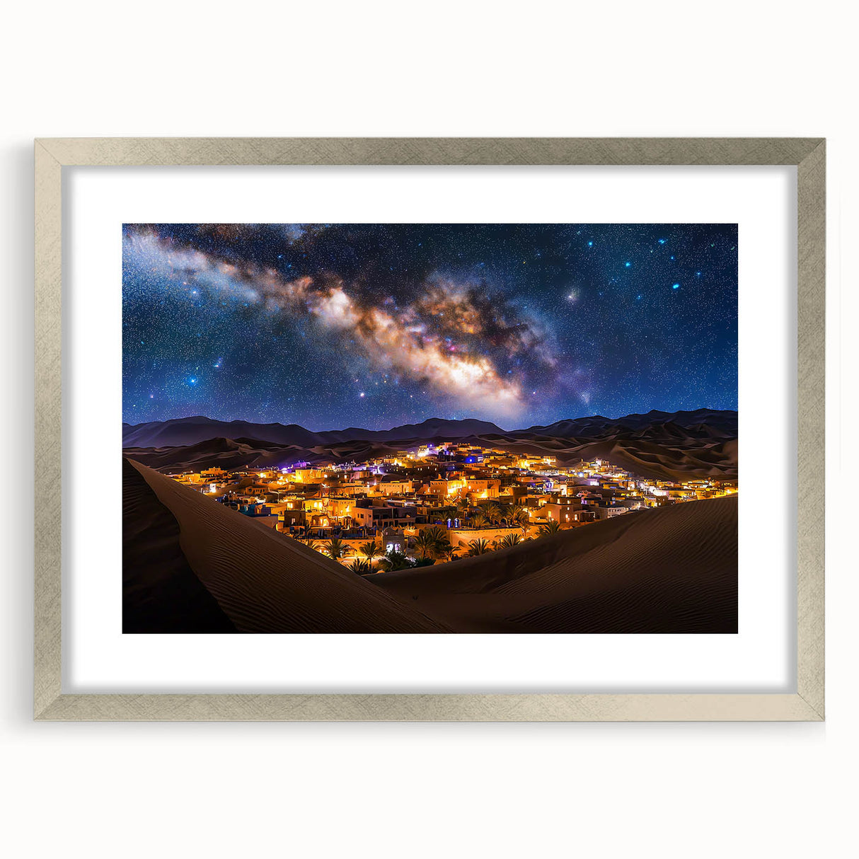 Framed landscape artwork depicting serene sand dunes in soft beige and golden tones, accented with a sleek silver mat, perfect for modern home decor.
