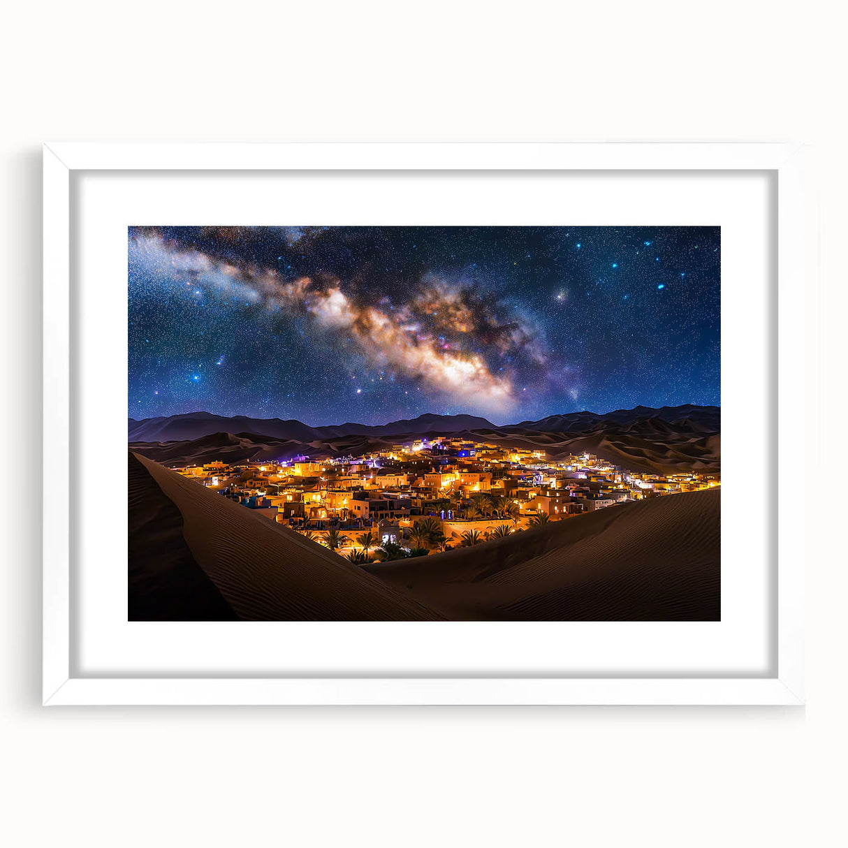 Framed landscape art print showcasing serene sand dunes in soft beige and white tones, accented with a mat, perfect for enhancing home decor aesthetics.