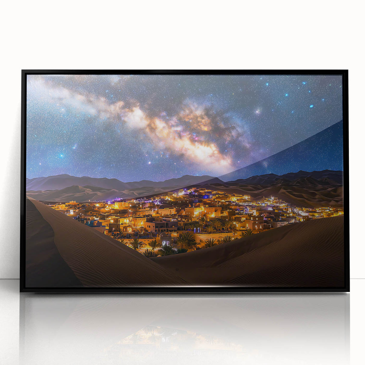 Framed acrylic artwork showcasing a serene desert landscape with golden sand dunes, set in a sleek black frame, ideal for modern home decor.