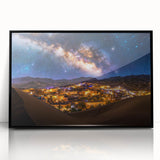 Framed acrylic artwork showcasing a serene desert landscape with golden sand dunes, set in a sleek black frame, ideal for modern home decor.