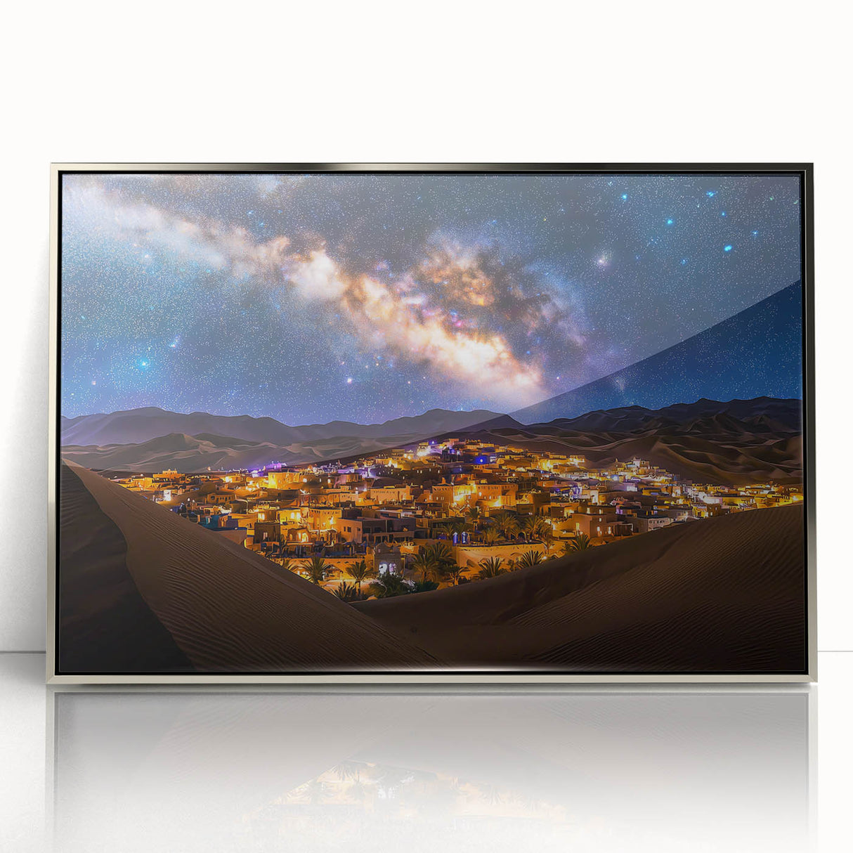 Framed acrylic art piece showcasing a serene desert landscape with golden dunes, perfect for modern home decor, adding elegance and warmth to interiors.