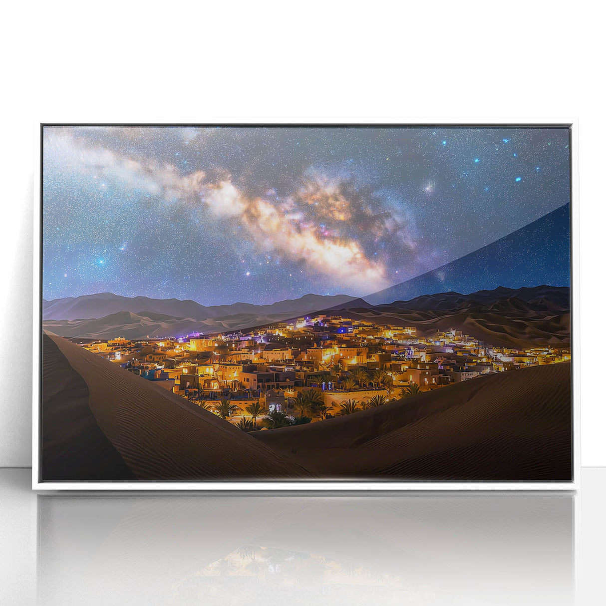Framed acrylic artwork showcasing serene desert dunes in soft beige and golden hues, ideal for modern home decor, enhancing living spaces with a calming aesthetic.