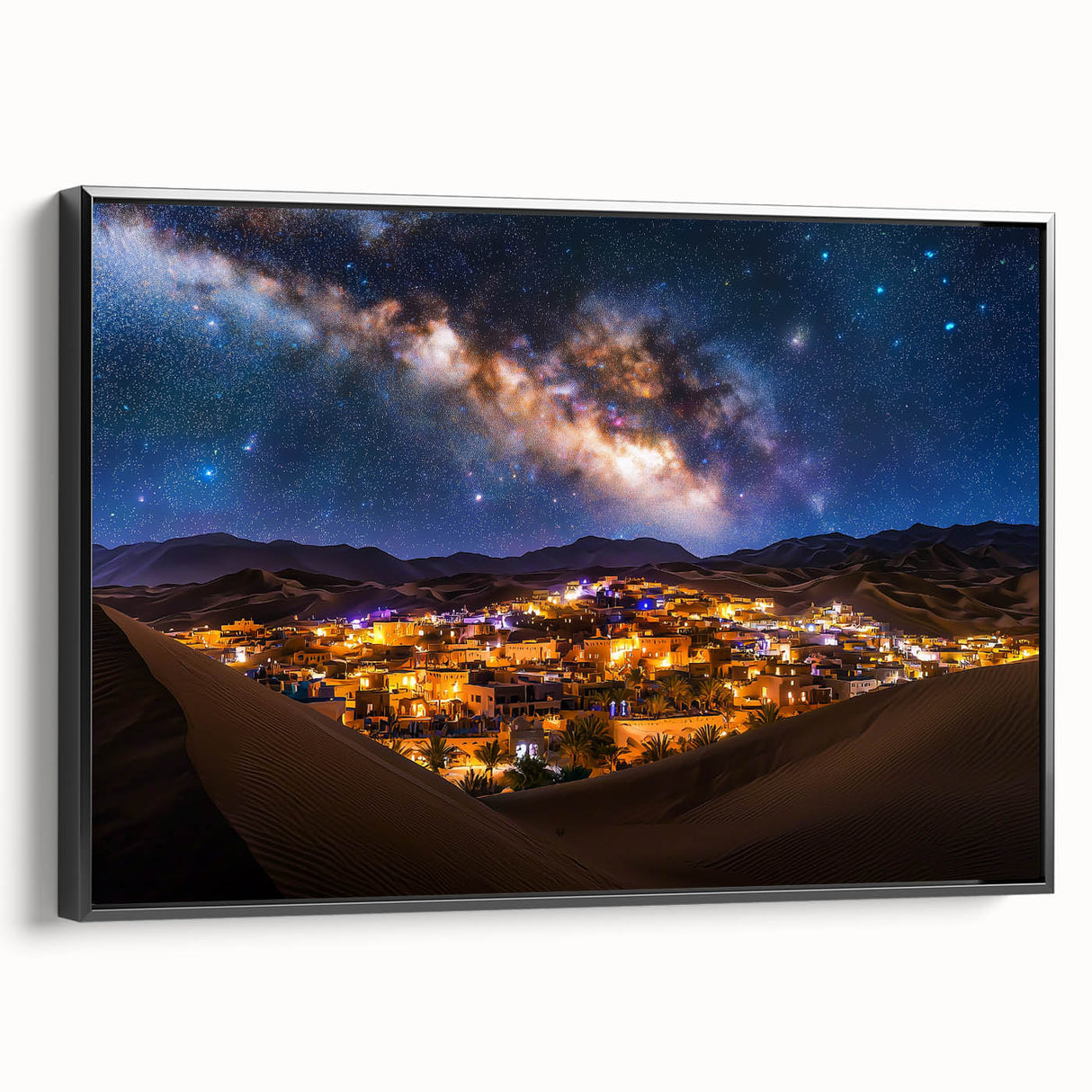Framed canvas artwork depicting serene sand dunes in a minimalist black frame, showcasing warm earthy tones and subtle textures, ideal for modern home decor.