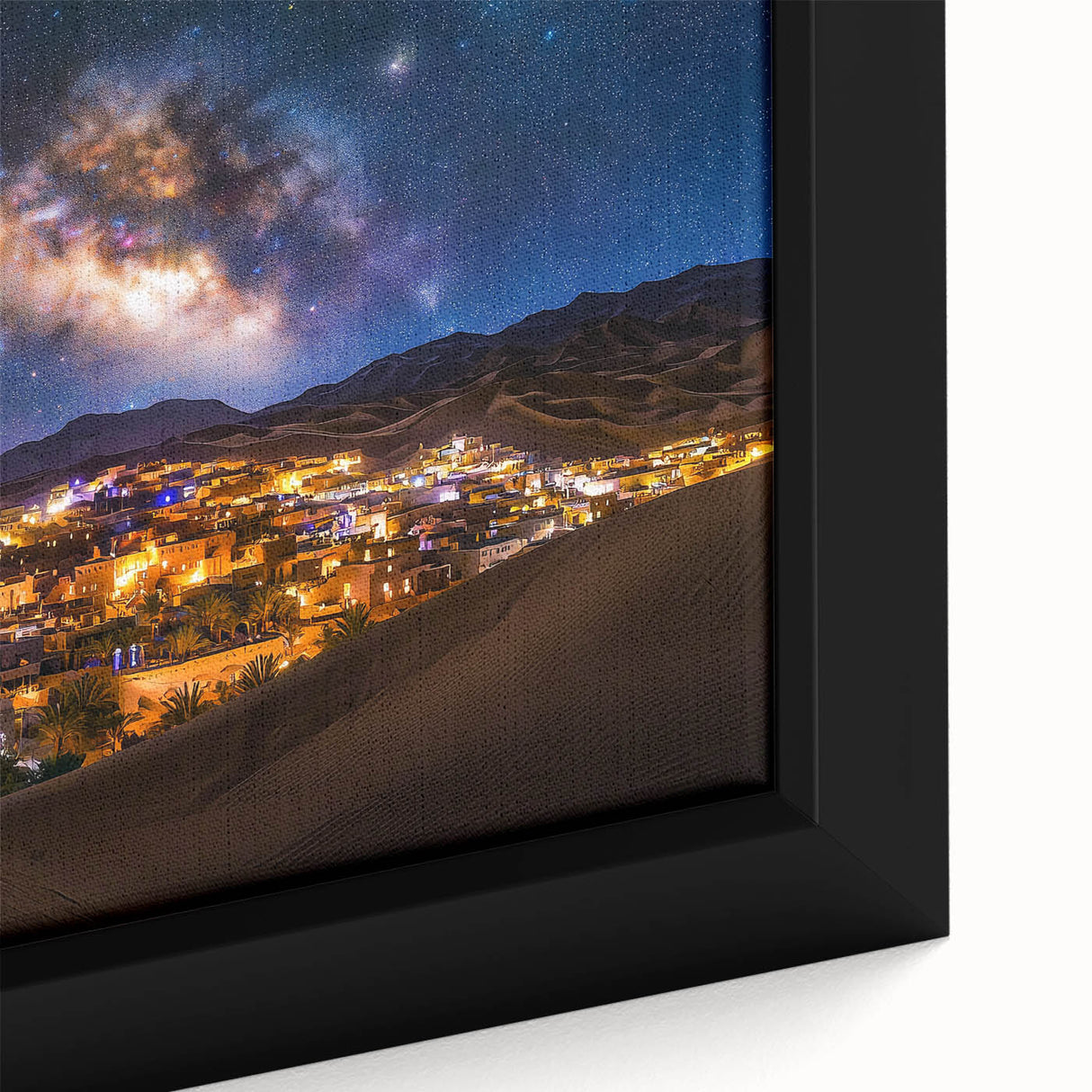 Close-up of a framed canvas print showcasing a vibrant desert landscape with golden dunes, emphasizing texture and depth, perfect for modern home decor.