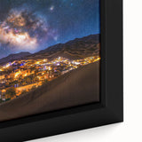 Close-up of a framed canvas print showcasing a vibrant desert landscape with golden dunes, emphasizing texture and depth, perfect for modern home decor.