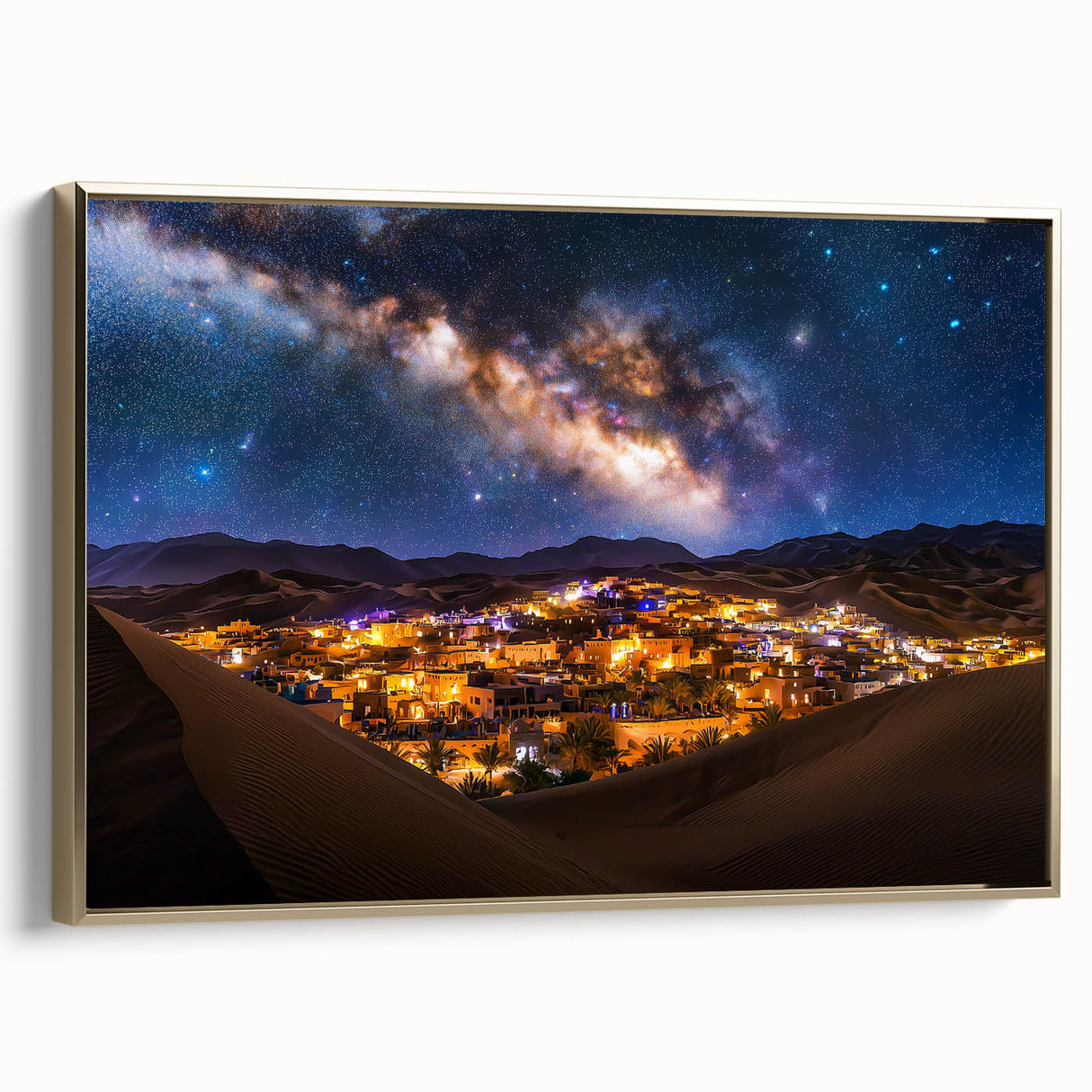 Framed canvas artwork showcasing serene desert dunes with golden hues, elegantly displayed from a side view. Ideal for adding a touch of nature-inspired decor to any space.