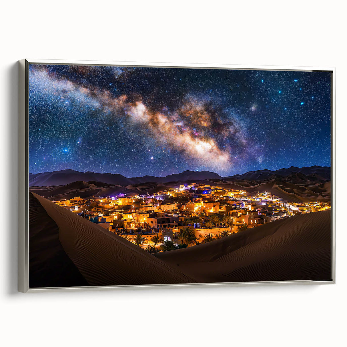 Framed canvas art depicting serene sand dunes in earthy tones, showcasing intricate textures and a sleek silver frame, perfect for modern home decor.