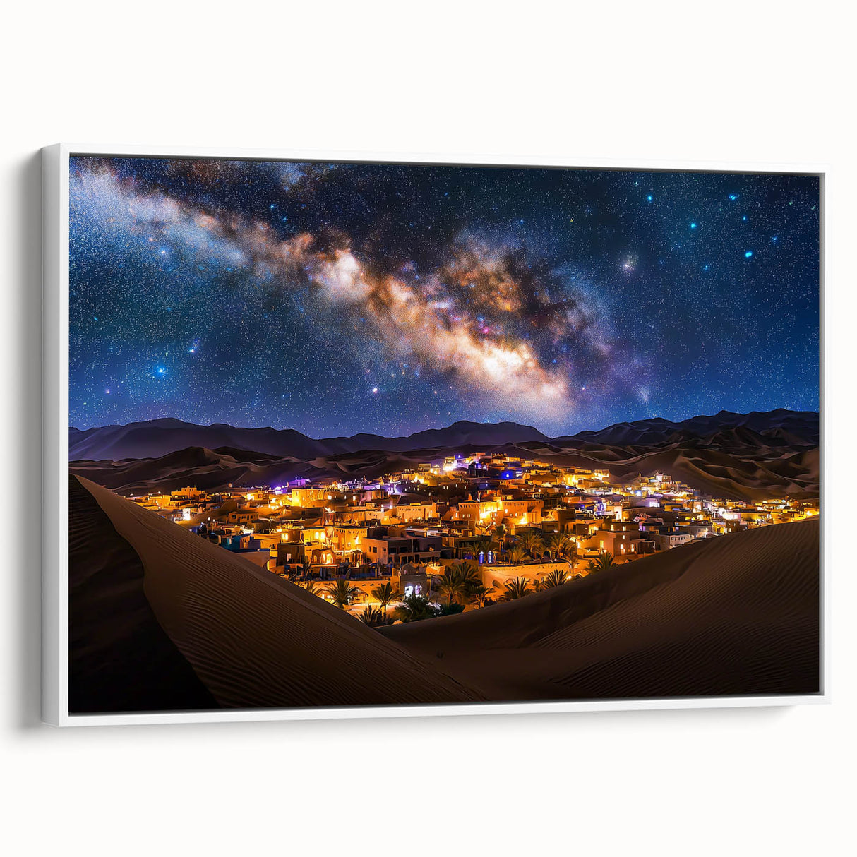 Framed canvas artwork depicting serene sand dunes in soft earth tones, showcased from a side view with a white frame, ideal for enhancing modern decor.