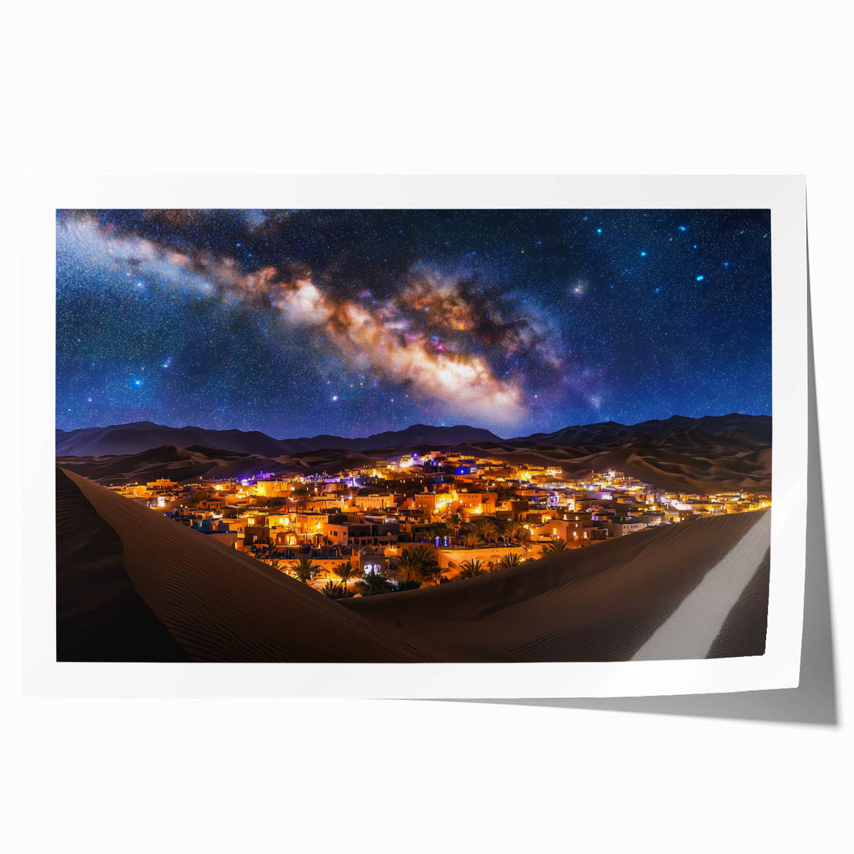 Desert landscape print showcasing undulating golden sand dunes under a vibrant blue sky, rolled and ready for display, perfect for modern home decor.