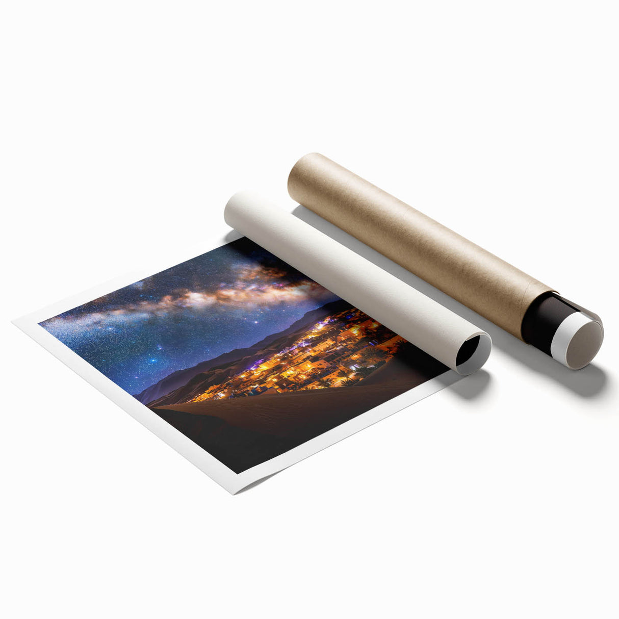 Dunes landscape rolled print showcasing soft, flowing sand textures in warm beige and golden tones, elegantly packaged in a protective cardboard tube for art enthusiasts.