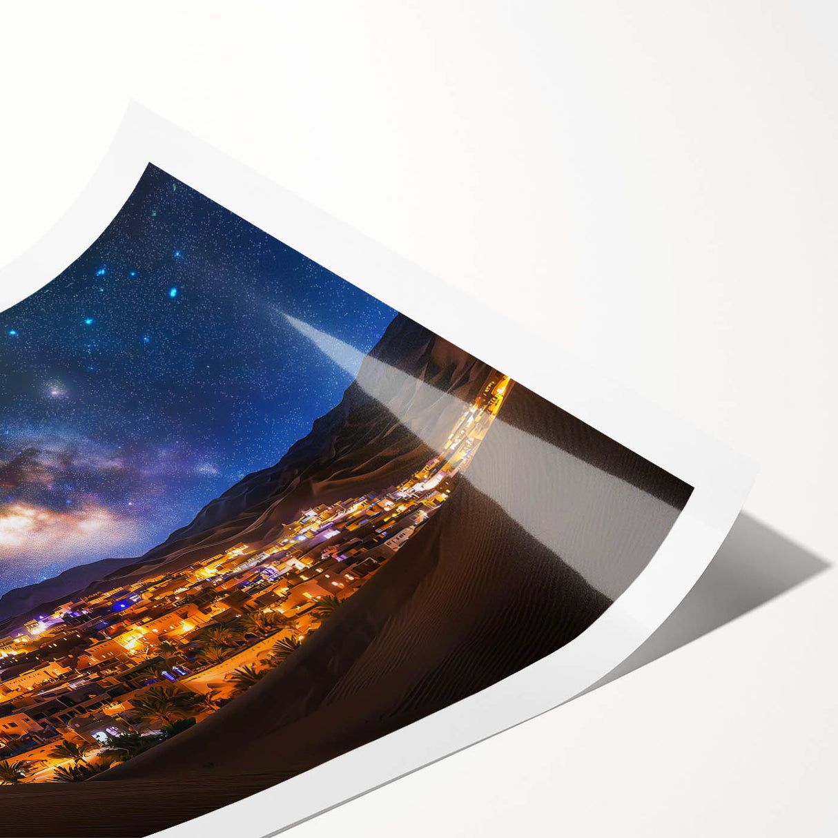 Stunning rolled canvas print showcasing a vibrant desert landscape with golden dunes under a clear blue sky, elegantly packaged in a protective cardboard tube.