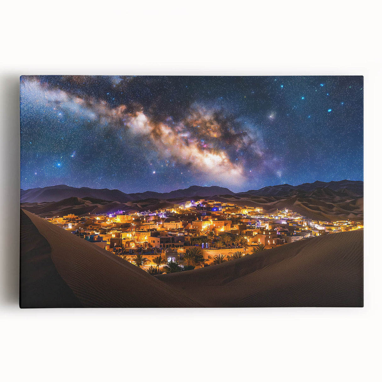 Stretched canvas artwork depicting serene dunes under a vibrant sunset, showcasing warm golden and orange hues, perfect for enhancing modern home decor.