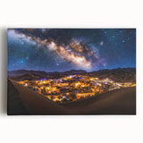 Stretched canvas artwork depicting serene dunes under a vibrant sunset, showcasing warm golden and orange hues, perfect for enhancing modern home decor.
