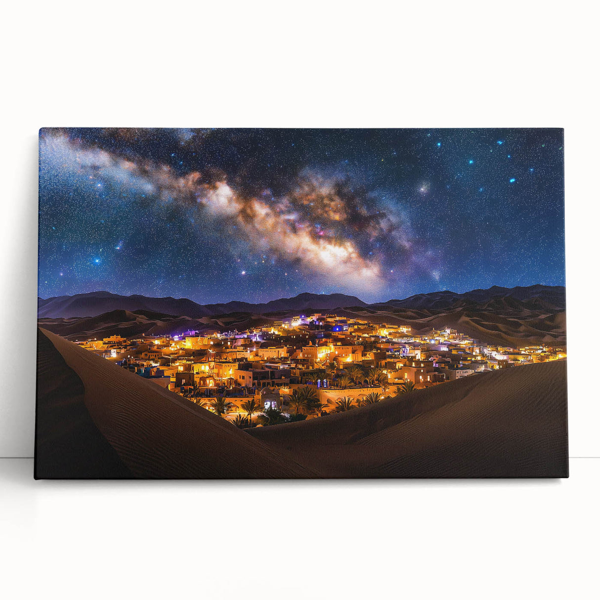 Stretched canvas artwork showcasing serene desert dunes at sunset, featuring warm gold and orange hues that evoke tranquility, perfect for modern home decor.
