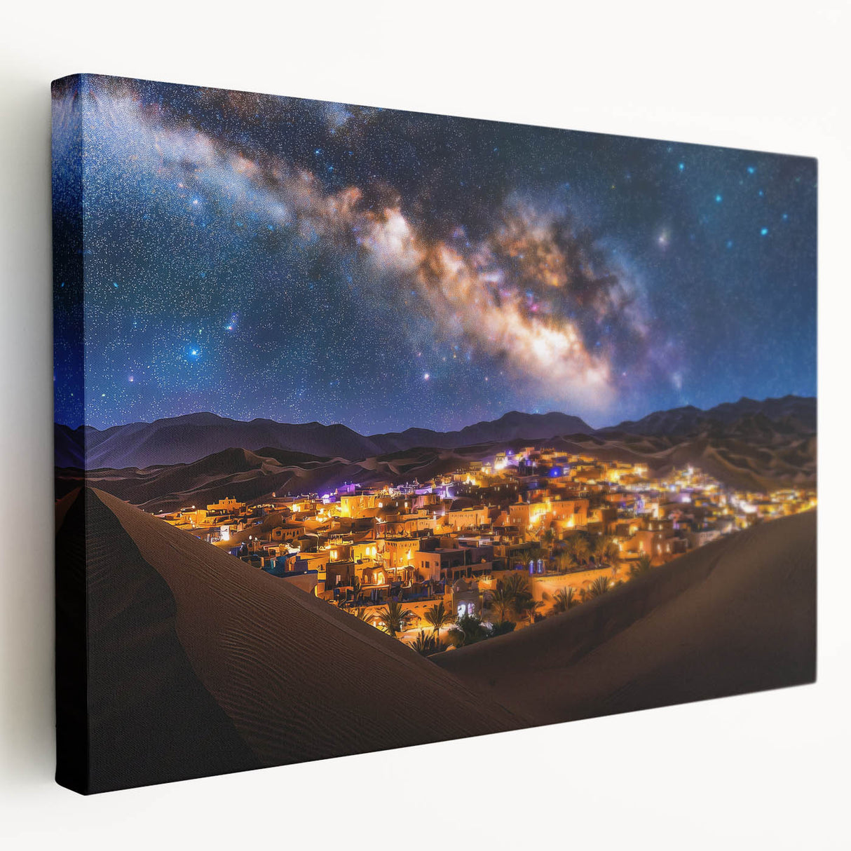 Serene desert landscape canvas artwork showcasing soft golden dunes under a bright blue sky, perfect for enhancing home decor with a tranquil vibe.