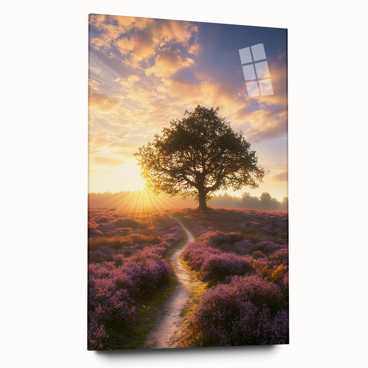 Acrylic landscape artwork depicting vibrant fields in rich green and golden hues, showcased from a side view on a sleek glass panel, ideal for modern decor.