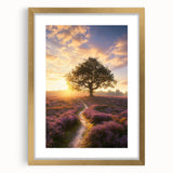 Elegant gold-framed landscape artwork with a mat, showcasing vibrant fields under a bright blue sky, perfect for home decor or office ambiance. Ideal for art enthusiasts seeking a touch of nature.