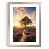 Elegant silver-framed landscape artwork showcasing vibrant green fields under a clear blue sky, perfect for home decor or office ambiance, enhancing any space.
