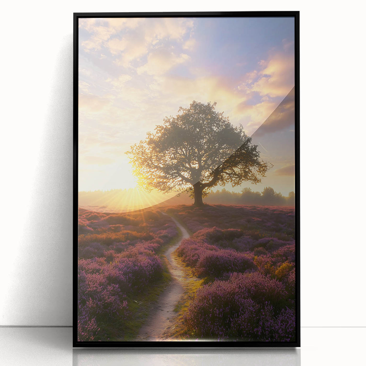 Framed acrylic artwork depicting a serene landscape of fields at sunset, featuring vibrant greens and warm hues, presented in a sleek black frame to enhance home decor.