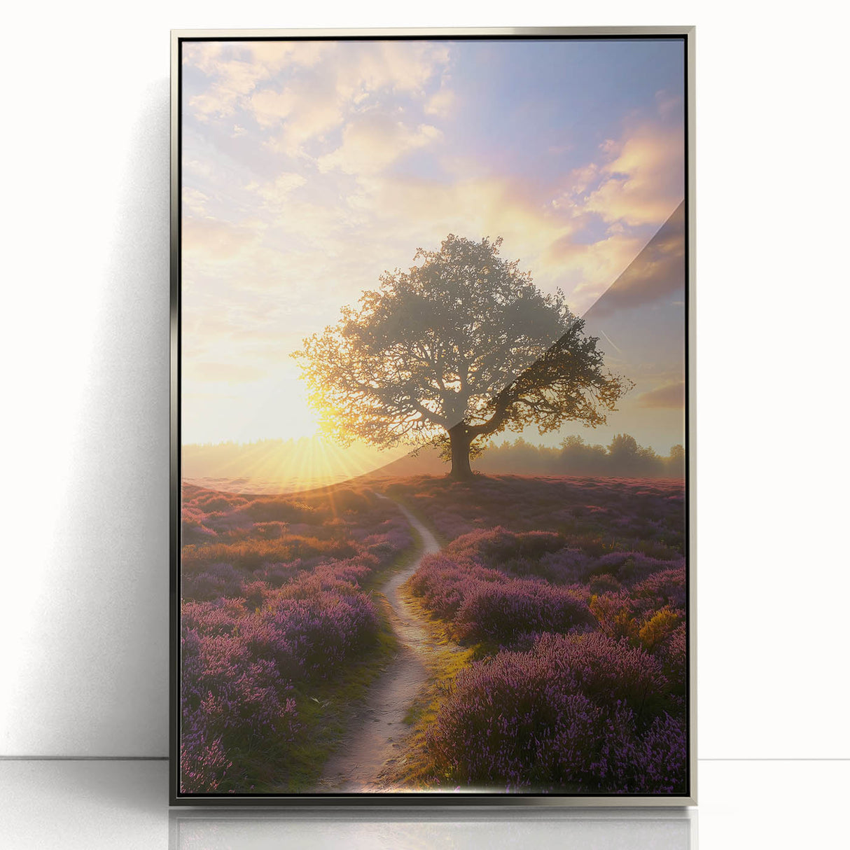 Framed acrylic landscape artwork showcasing vibrant green fields under a clear blue sky, elegantly displayed with a sleek silver frame, ideal for modern decor.