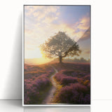 Framed acrylic artwork of serene landscapes depicting lush green fields under a clear blue sky, showcasing vibrant colors and a modern white frame, ideal for home decor.